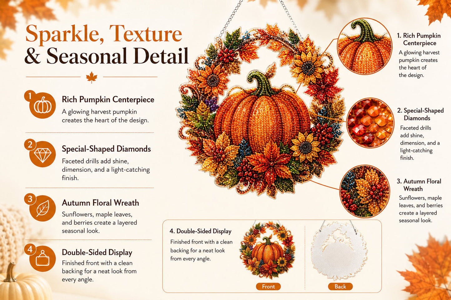 🔥Last Day 49% OFF - 🍂✨Autumn Harvest Pumpkin Diamond Art Hanging Ornament Kit